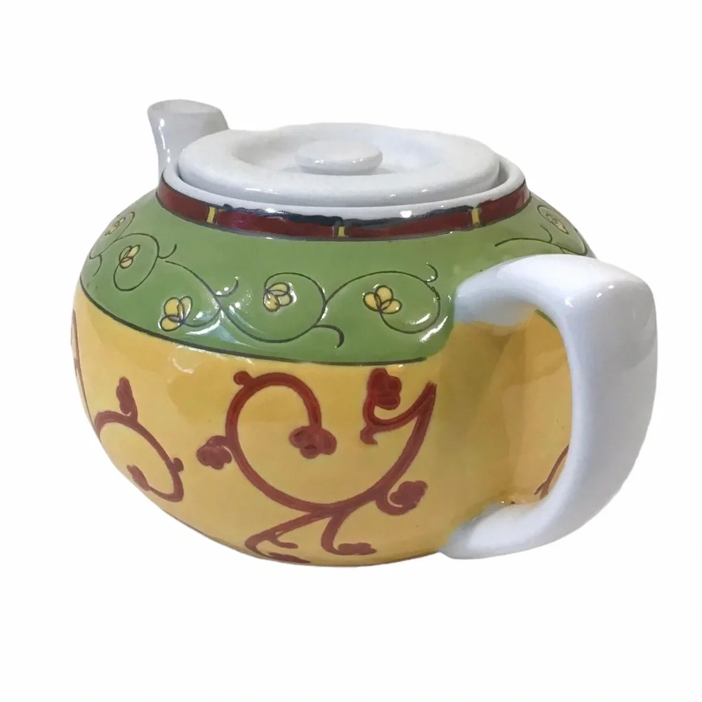 Vintage Pier 1 Porcelain Teapot Hand-Painted Floral Vine Design Green Yellow Red